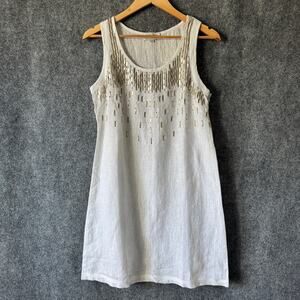 Bella Tu by Gopi Vaid Dress Women Large White Linen Embellished Sleeveless Vacay